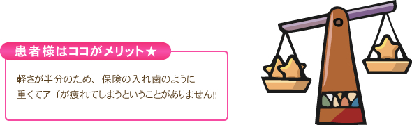 患者様はココがメリット★軽さが半分のため、保険の入れ歯のように重くてアゴが疲れてしまうということがありません！！